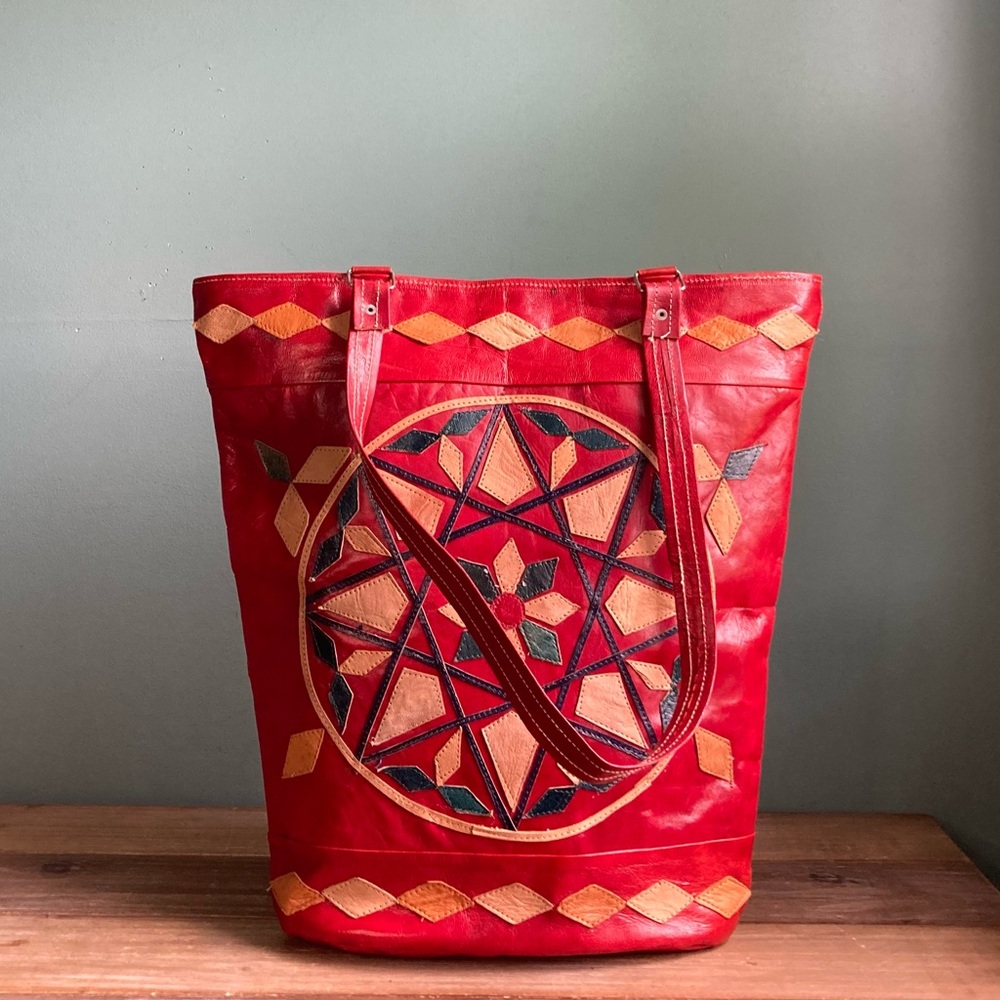 Vintage Tribal Geometric Print Leather Tote Bag - Picture 4 of 8